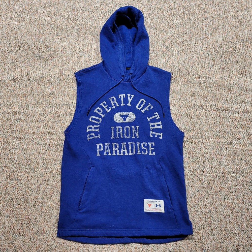 Under Armour Project Rock Iron Paradise Hoodie Mens Small Blue Sleeveless Gym